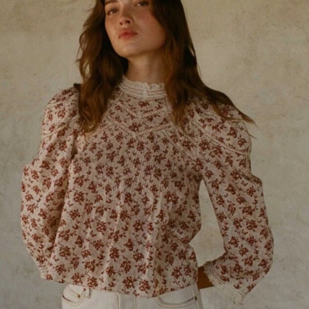 Doen NWT Annette Top Burgundy Songbird Toile Floral Lace Blouse XS